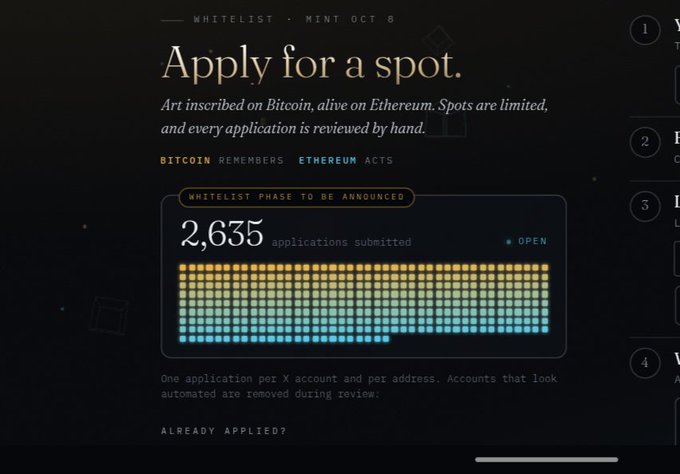 A webpage titled 'Apply for a spot' with the text 'Art inscribed on Bitcoin, alive on Ethereum' and a counter showing '2,635 applications submitted' for a whitelist mint on October 8.