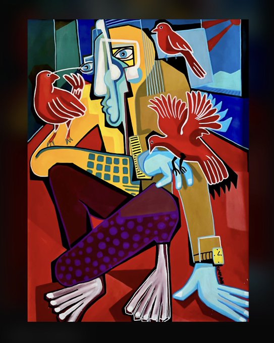 A vibrant, cubist-style painting depicts a yellow-skinned figure with distorted features holding a blue bird, surrounded by red birds against a geometric red and blue background.