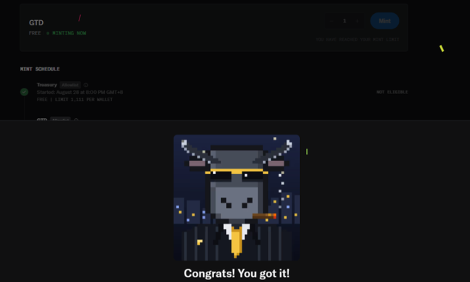 A 'Congrats! You got it!' success message showing a pixel art NFT of a character in a top hat smoking a cigar, with mint schedule details visible in the background.