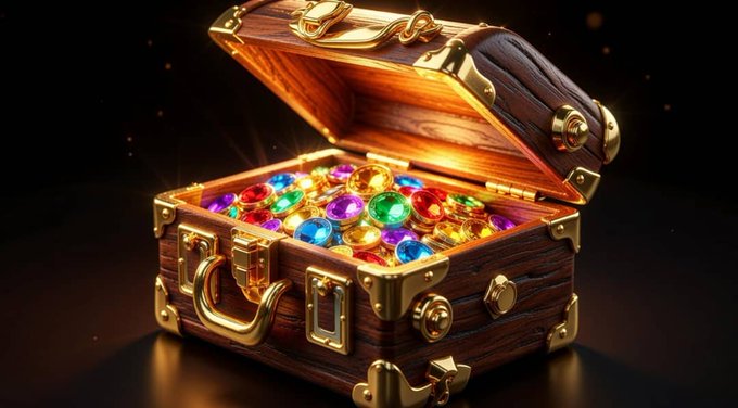 An open, ornate wooden treasure chest with gold trim overflowing with brightly colored, sparkling gemstones against a dark, spotlighted background.