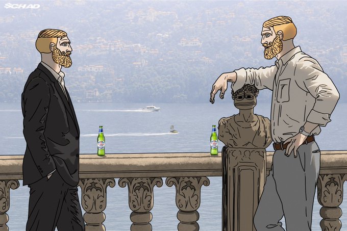 A political cartoon-style illustration shows two "Chad" figures — bearded, suited men — overlooking a scenic lake (evoking Lake Como), each holding a Peroni beer, while a small bust of a Pepe the Frog sits on the railing between them; the artist's signature "SCHAD" appears in the top left corner. The image satirizes crypto-culture, contrasting the relaxed, victorious "$CHAD lifestyle" with the diminished state of the Pepe meme ("Pepe reduced to a bust").