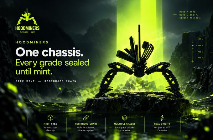 An advertisement for 'HOODMINERS' promoting a free mint on Robinhood Chain, featuring a mechanical spider-like device on rocky terrain with the tagline 'One chassis. Every grade sealed until mint.'