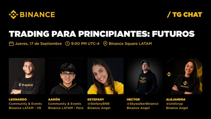 A Binance promotional graphic titled "TRADING PARA PRINCIPIANTES: FUTUROS," scheduled for "Jueves, 17 de Septiembre" at "9:00 PM UTC-4," featuring five presenters from Binance LATAM and Angel programs.