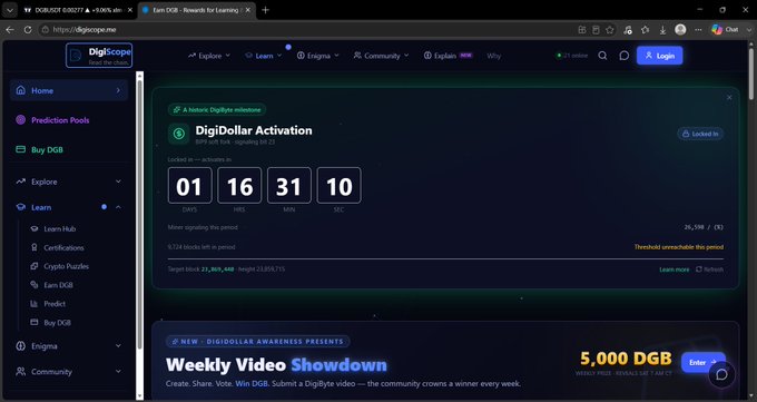 A screenshot of the DigiScope website showing the 'DigiDollar Activation' page with a countdown timer at 1 day, 16 hours, 31 minutes, and 10 seconds, along with a 'Weekly Video Showdown' banner offering 5,000 DGB.