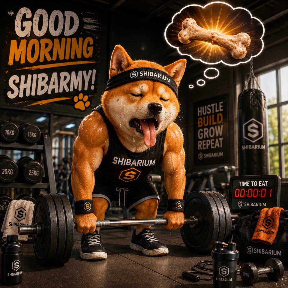 The image features a muscular Shiba Inu dog wearing workout gear, lifting weights with its mouth open as if panting from exhaustion. The background shows various gym equipment such as dumbbells, a bench press, and a weight rack. There is also a sign that says "Good morning, #ShibArmy While the markets continue testing patience... the builders keep building. One block. One transaction. One step at a time." This suggests that the image might be related to fitness or exercise routines for dogs, with the Shiba Inu dog as an example of how pets can engage in physical activities and maintain their health.