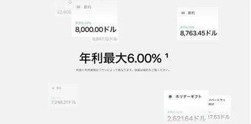 A Japanese financial infographic displays investment figures including '8,000.00ドル' and '8,763.45ドル', with text reading '年利最大6.00%' (maximum annual interest rate 6.00%).