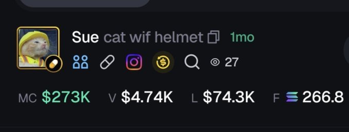 A meme coin dashboard shows "Sue cat wif helmet" with a market cap of $273K, volume of $4.74K, and liquidity of $74.3K, supporting the post's bullish sentiment that "$sue looks good here."