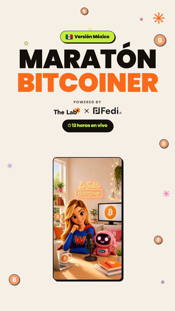 The image features an advertisement for a new cryptocurrency called "Maraton Bitcoiner". The poster includes a cartoon character, possibly a woman or a girl, sitting at a desk with a laptop computer. There are also several books scattered around her workspace, suggesting that she is involved in some form of research or study related to the Bitcoin industry. The text on the poster reads: "Maraton Bitcoiner powered by @fedibtc y @bythelabxyz Escribe a Wen o registrate en el link en el Tweet!".