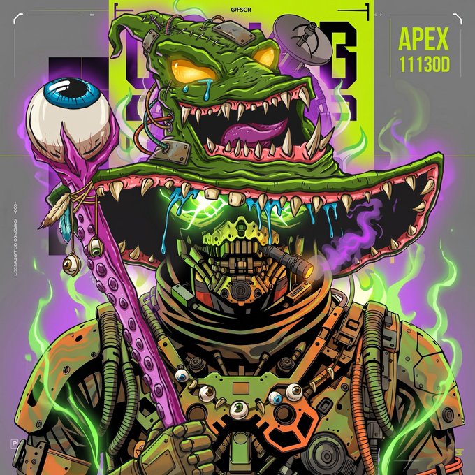 A vibrant, detailed illustration of a monstrous green creature labeled 'APEX 11130D' and 'GIFSCR' with glowing eyes, multiple mouths, cyberpunk-style armor, and an eyeball-topped staff, set against a purple and yellow background.