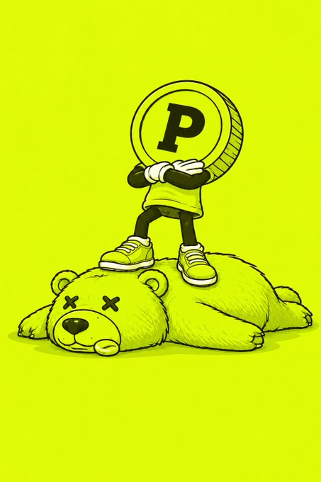 An illustration of a character with a large coin for a head featuring the letter "P," standing atop a defeated green bear with X's for eyes.