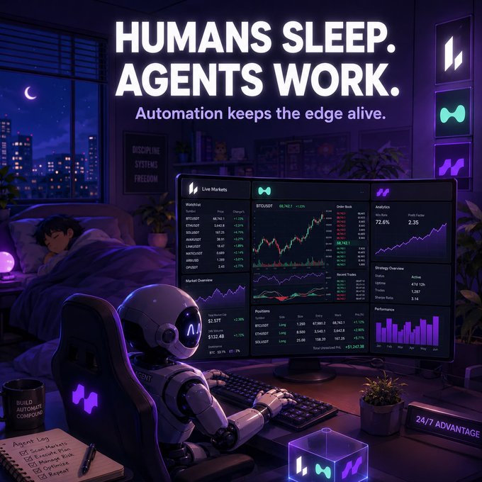 An advertisement for AI crypto agents reads 'HUMANS SLEEP. AGENTS WORK. Automation keeps the edge alive,' showing an animated robot at a multi-monitor trading desk while a person sleeps in the background.