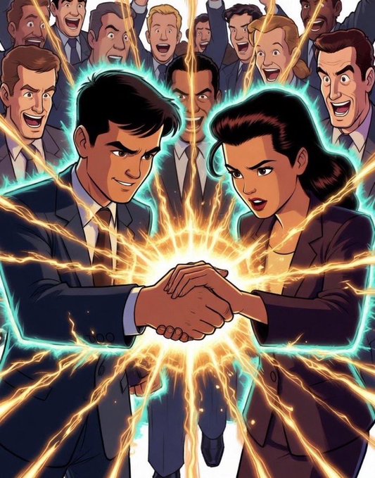A man and woman shake hands, surrounded by an energized crowd, symbolizing how "The group grows when credit moves freely" and "Move the credit."