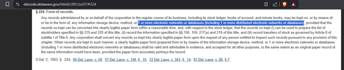 A historical excerpt from the delcode.delaware.gov website displays Title 8, Chapter 1 of Delaware's corporate code regarding stock records, highlighting provisions about corporations maintaining ledgers of shares, electronic networks or databases, and stockholders of record. The image relates to the post's claim that companies can tokenize their stock, as the legal text discusses the use of "electronic networks or databases" to record stock ownership, which the post frames as enabling stock tokenization.