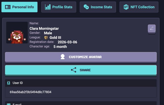 A user profile screen for 'Clara Morningstar' shows a Male gender, Gold III League status, a registration date of 2026-03-06, and a 5-month character age, with a User ID of 69aa56ab2f3b5494d8c77804.