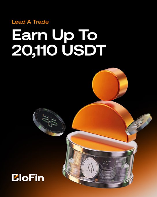 The image is a promotional graphic for BloFin's "Lead A Trade" campaign, featuring text stating "Earn Up To 20,110 USDT" alongside a 3D illustration of an orange figure surrounded by coins on a dark background. It visually reinforces the campaign's promise of earning a substantial USDT bonus through their Lead Trading event running until August 22.