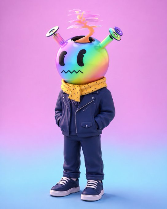 A 3D-rendered character with a rainbow-colored round head, a small tree growing from the top, antenna-like protrusions, wearing a yellow scarf and a dark blue jacket with matching pants and sneakers, standing against a pink to blue gradient background.