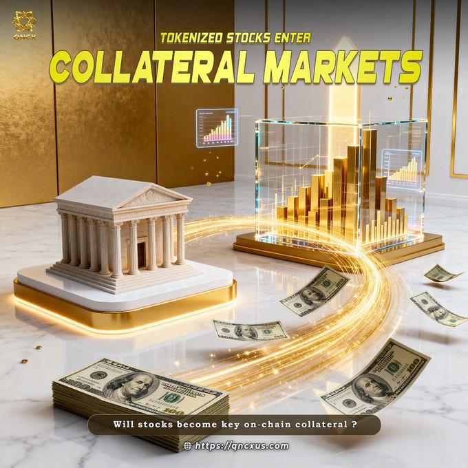 Tokenized stocks flow as digital collateral from a classical bank building into a glowing holographic chart, with stacks of $100 bills swirling along a luminous golden path—visually reinforcing the post's message that stocks are becoming key on-chain collateral through new liquidity paths in the #RWA (#QNCX) space.