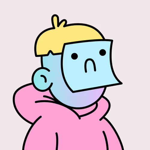 A simple cartoon drawing of a person with blonde hair wearing a pink hoodie and a light blue face mask.