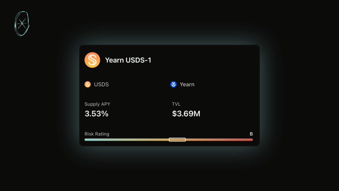The image displays a Superseed app card for the Yearn USDS-1 vault, highlighting a Supply APY of 3.53% and TVL of $3.69M with a Risk Rating of B, visually supporting the post's APY update announcement for the Yearn Finance USDS strategy.