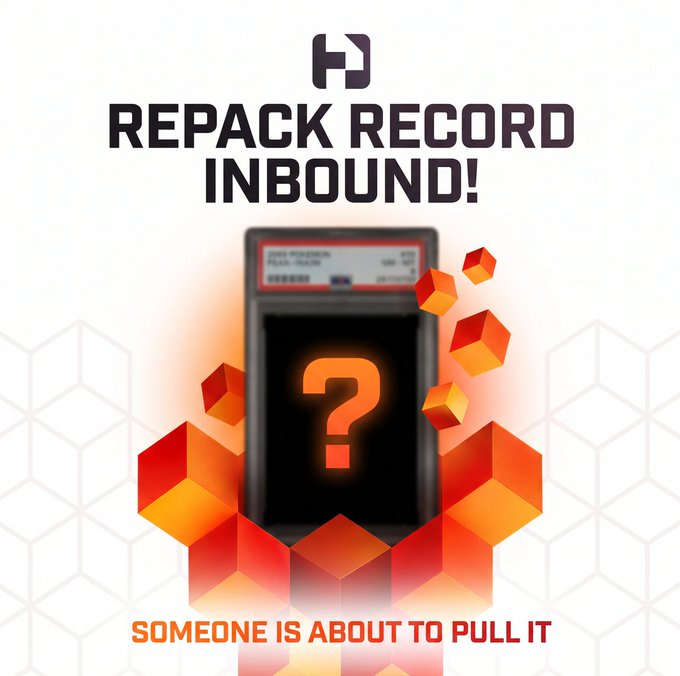 Promotional graphic with "REPACK RECORD INBOUND!" header and "SOMEONE IS ABOUT TO PULL IT" footer, featuring a graded Pokemon card slab with a mystery "?" placeholder surrounded by bursting orange cubes, teasing an upcoming gacha restock event for an iconic Charizard PSA 10.
