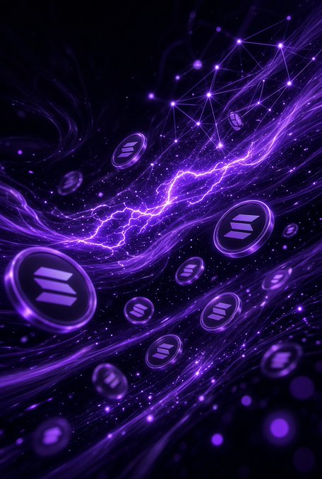 A digital artwork featuring floating Solana (SOL) cryptocurrency coins amid flowing purple energy streams, lightning bolts, and a network of connected light particles on a dark background.