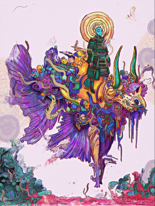 Colorful psychedelic fantasy artwork depicting a blue-skinned figure with a halo riding an elaborate, vibrant creature composed of intricate patterns and dripping colors.