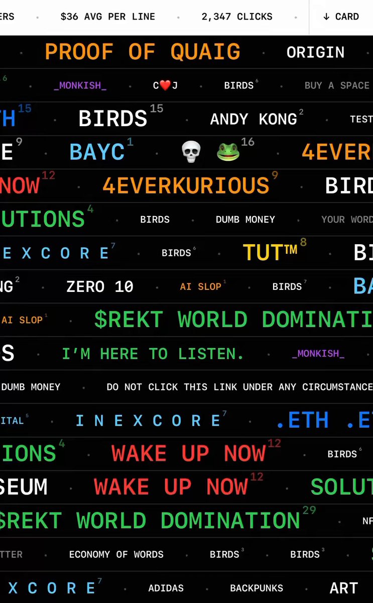 The image shows a poster with many different words written on it, including "proof of quail", "Origin", "birds", "dogs", "monksish", "4everkurious", "Birds", "Tut", "At slop", and "I'm here to listen". The poster also contains various other words that are not related to the main theme. The post has been tagged with a number of different tags, such as "economyofwords.com" and "monad".