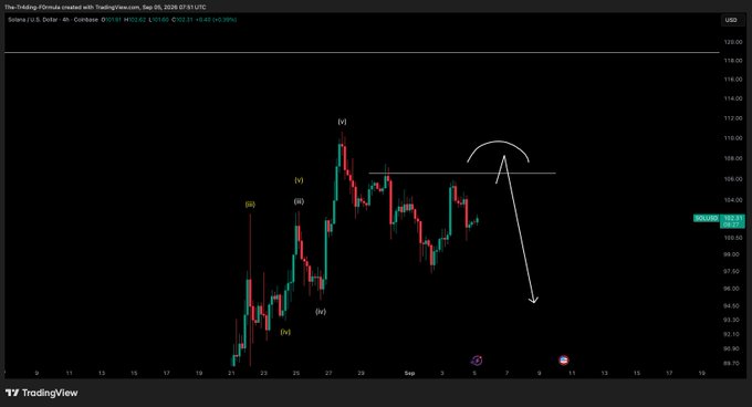 This image displays a TradingView chart of Solana (SOL) against the U.S. Dollar on Binance, dated September 5, 2025, showing a 4-hour candle with SOL at $201.65. The chart illustrates Elliott Wave analysis, labeling waves (i), (ii), (iii), (iv), and (v), with price reaching a high labeled (v) near $113 before declining, and a curved arrow suggesting a potential bearish move toward the $94–95 range, aligning with the post's note that the analyst is still waiting for the predicted bearish setup to play out.
