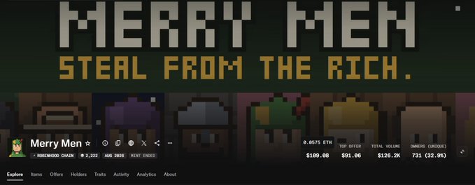 A pixel-art themed crypto project webpage titled 'MERRY MEN' with the tagline 'STEAL FROM THE RICH,' showing stats like $91.06 top offer, $126.2K total volume, and 731 owners, tagged with 'MERRY MEN NORTHWOOD CHAIN.'