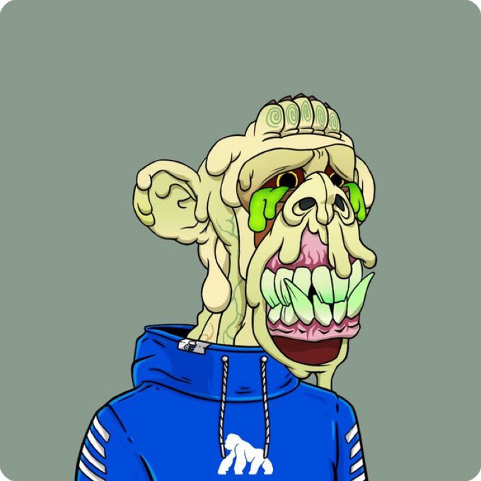 A cartoon illustration depicts a grotesque green-skinned character with bulging eyes, sharp teeth, and a crown-like head, wearing a blue hoodie featuring a white bear logo.