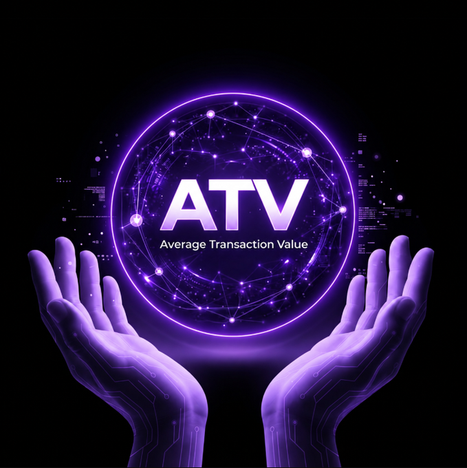 The image features two glowing purple hands cradling a luminous orb displaying "ATV - Average Transaction Value," symbolizing the platform's role in empowering community members to express views on the price of $ITL. The futuristic, tech-inspired design reflects ATV's identity as a digital tool for Linkers to protect and build value through transparent transaction data.
