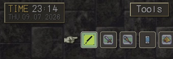 The image shows a pixel art game interface displaying "TIME 23:14, THU 09.07.2026" alongside a "Tools" inventory with icons of a pencil, fishing rod, shovel, device, and rock, while a small spaceship hovers nearby. The nostalgic retro aesthetic and cryptic timestamp appear to be unrelated to the post's call for Robinhood crypto projects, suggesting it's simply a background image with no direct connection to the content.
