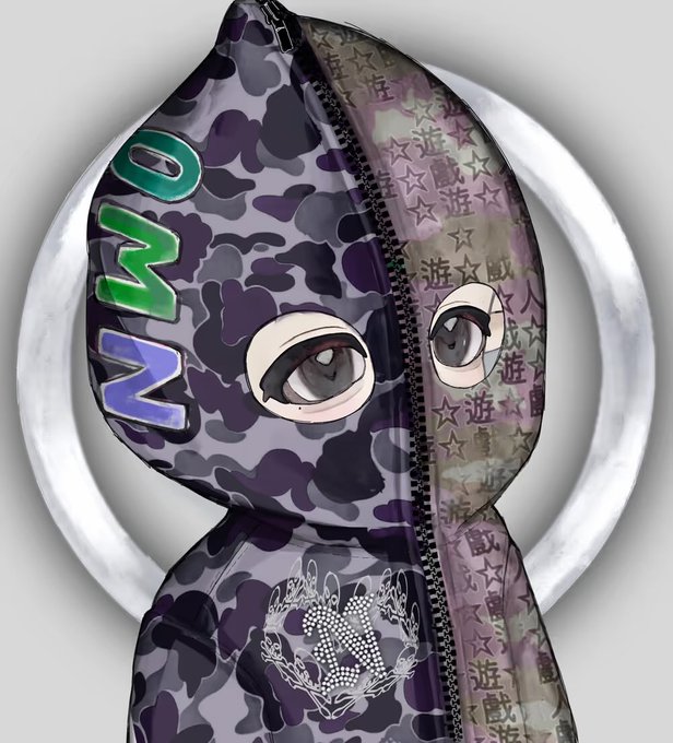 A close-up of a hooded character wearing a purple camouflage mask with 'OMO' text and Japanese characters, featuring anime-style eyes visible through the hood.