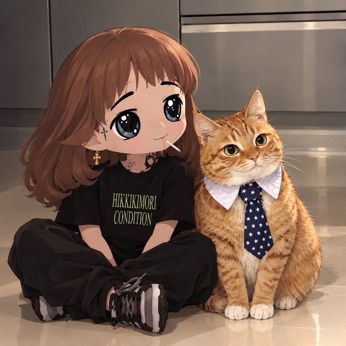 Anime-style illustration of a girl wearing a 'HIKKIKOMORI CONDITION' t-shirt sitting next to an orange tabby cat wearing a star-patterned tie.