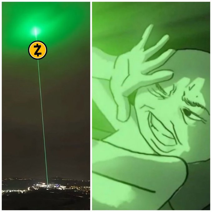 A split image featuring a green laser beam shooting into the night sky with a 'Z' symbol on the left, and a green-tinted illustration of a character with a manic grin and raised hand on the right.