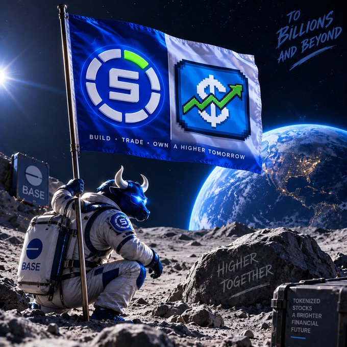 An astronaut bull plants a flag bearing the logos of $STONKEX and $STFY on the moon, with the slogan "Build • Trade • Own A Higher Tomorrow" and "To Billions and Beyond," symbolizing the post's bullish thesis that these tokenized stocks are headed to billion-dollar valuations. A nearby rock inscribed with "Higher Together" reinforces the message of shared financial growth.