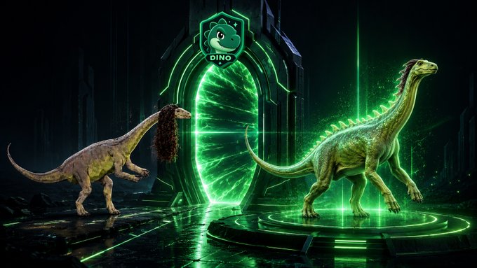 A stylized 3D render featuring two dinosaurs flanking a glowing green portal, with a 'DINO' logo badge at the top center of the portal.