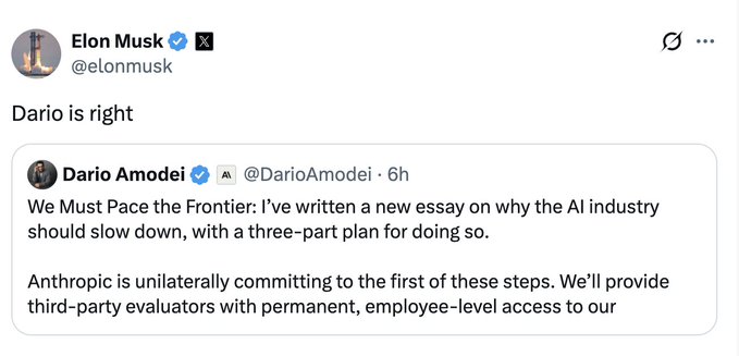 A screenshot of a post from Elon Musk (@elonmusk) quoting Dario Amodei (@DarioAmodei), with Musk's comment "Dario is right" appearing above Amodei's quoted essay about slowing down the AI industry. The image illustrates the context behind the "Profitability at $1t mcap" post, showing alignment between Musk and Anthropic's CEO on AI regulation—suggesting that AI industry leaders are openly calling for slower development despite pursuing massive market valuations.