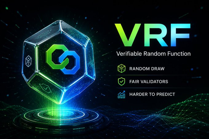 A sleek graphic defining 'VRF' as 'Verifiable Random Function', highlighting 'RANDOM DRAW', 'FAIR VALIDATORS', and 'HARDER TO PREDICT' next to a glowing, tech-inspired cube.