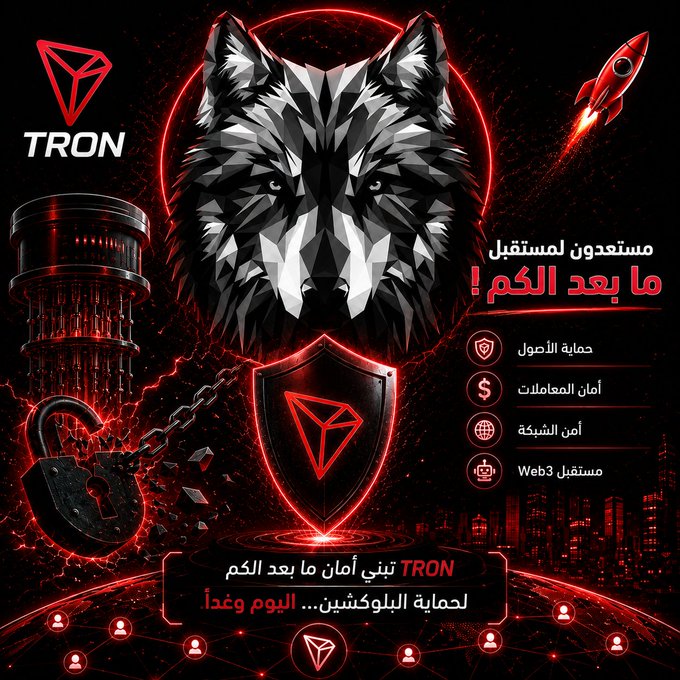 The image is a stylized promotional graphic for TRON (TRX), featuring a geometric wolf head and shield with Arabic text promoting future-proofing blockchain security, including a "Web3-ready" shield icon and the headline "TRON builds quantum-resistant security to protect your future today," which visually supports the post's theme of preparing blockchain systems for the threat of quantum computing.