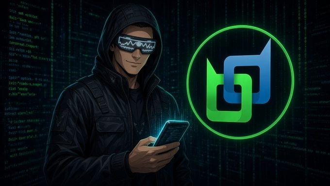 A digital illustration features a hooded figure wearing "Matrix"-style sunglasses and holding a smartphone, standing next to a glowing green and blue circular logo against a background of scrolling code.