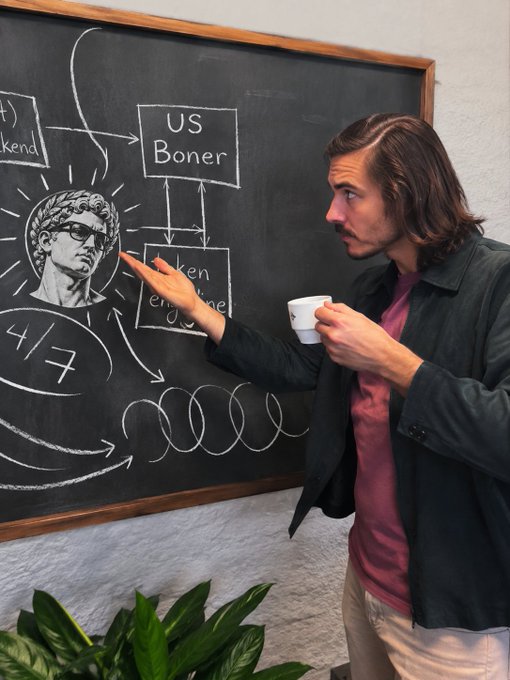 A man holding a small white espresso cup stands next to a chalkboard with a humorous hand-drawn diagram featuring a classical bust, arrows, and text including "US Boner" and "47".