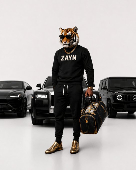 A digitally edited image of a person wearing a black sweatshirt that says 'ZAYN', black sweatpants, gold shoes, a gold chain, and sunglasses, with a tiger's head replacing their own. They are holding a designer duffel bag and standing in front of three black luxury vehicles including a Lamborghini and Mercedes G-Wagon.