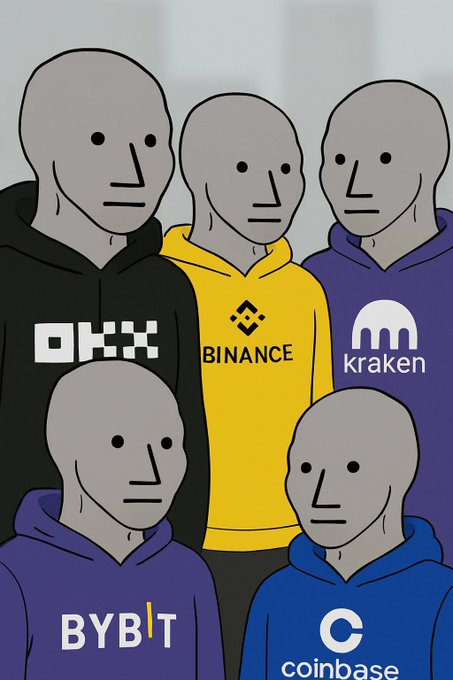 An illustration of five grey-faced figures wearing hoodies branded with cryptocurrency exchange logos: OKX, Binance, Kraken, Bybit, and Coinbase.