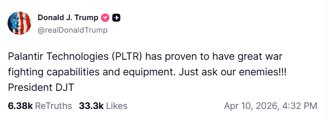 In the image, there is a screenshot of a twitter post written by Donald J Trump that includes information about President Trump's tweet regarding Dell computers. The caption reads, "BREAKING: TRUMP might have already given the next $DELL last time he told people to buy Dell: landed a $9.7B Pentagon contract ... added billions in market cap NOW everyone is looking at palantir tech!". The image mainly focuses on this post and its relation to the information provided about President Trump's tweet, providing context for what happened or might have happened.