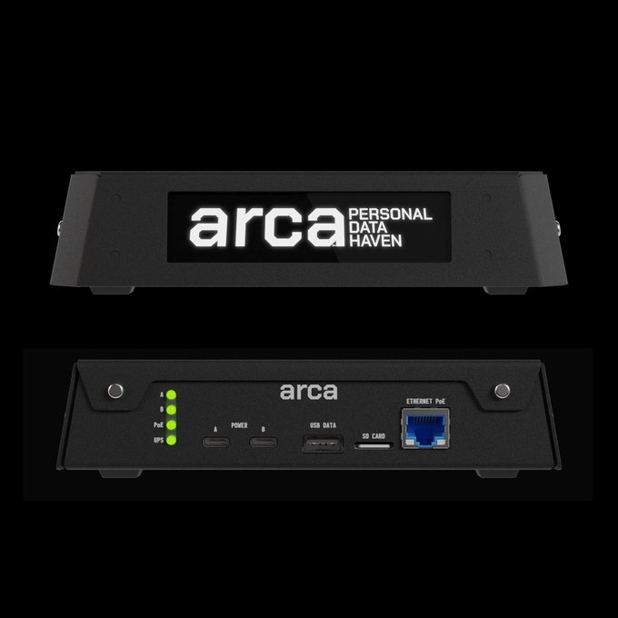 An "arca" branded Personal Data Haven device, shown from both the front (displaying the "arca PERSONAL DATA HAVEN" logo) and rear (featuring PoE Ethernet, USB data, SD card, and dual USB-C power inputs). The image illustrates the hardware shown in the post as an example of a self-sovereign data storage device capable of running decentralized personal datastore protocols, contrasting with ephemeral platforms like Nostr.