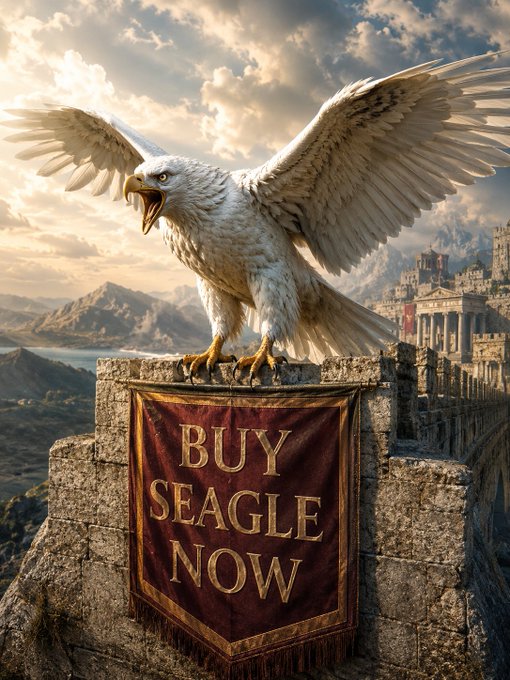 The image features a large white eagle spreading its wings against a backdrop of mountains and water. A banner with the text "Buy Seagle Now" is attached to the eagle, indicating that this product or service is available for purchase at the moment.