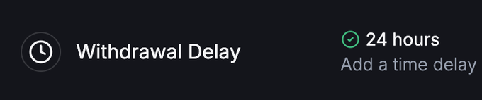 A dark interface displays 'Withdrawal Delay' with a 24-hour time delay option selected.