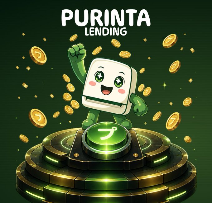 A cheerful cartoon book-like mascot stands triumphantly on a glowing green and gold platform emblazoned with a stylized "P" emblem, raising a fist amid falling gold coins and sparkles. The text "PURINTA LENDING" appears prominently at the top, visually announcing the launch of the lending platform described in the post.
