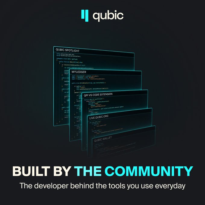 A promotional graphic for Qubic displaying the project's logo above a cascading stack of code window cards labeled "QUBIC SPOTLIGHT," "MYLEDGER," "QPI VS CODE EXTENSION," "LIVE.QUBIC.ORG," and "QUBIC WALLET," with the tagline "BUILT BY THE COMMUNITY – The developer behind the tools you use everyday," highlighting community developer Andy_Qus's contributions to the ecosystem.